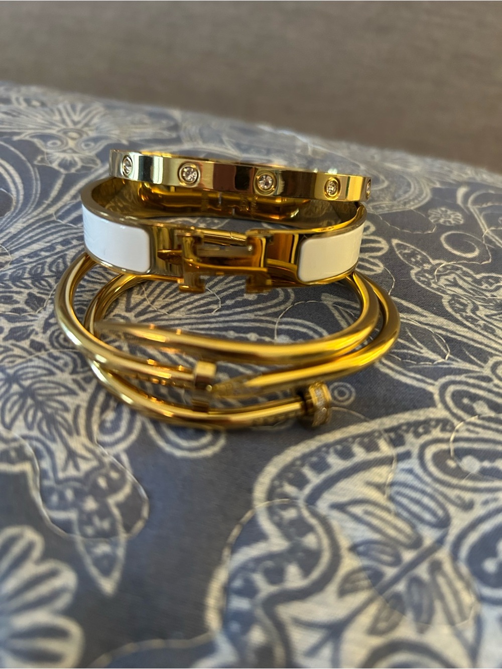Gold-Tone Women's Bangle Bracelet Set with White Accents - Picture 2 of 2